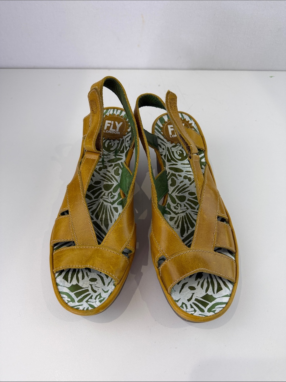 Fly London Mustard Yellow Yisa Leather Wedge Sandals - Picture 2 of 10